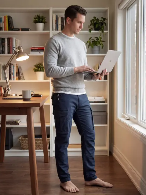  A man working on a laptop while standing at a wooden desk in a cozy home office. He is wearing a grey sweater and ItalyMorn men's dark blue cargo pants with a pen clipped to the pocket, illustrating a comfortable remote work style