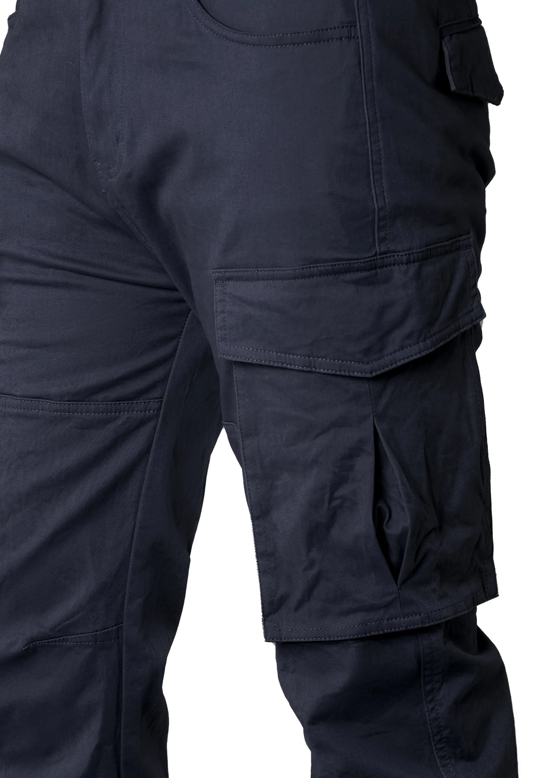 Close-up detail of ItalyMorn men's dark blue cargo pants, highlighting the durable fabric texture, reinforced stitching, and the secure flap closure of the spacious side cargo pocket.