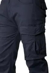 Close-up detail of ItalyMorn men's dark blue cargo pants, highlighting the durable fabric texture, reinforced stitching, and the secure flap closure of the spacious side cargo pocket.