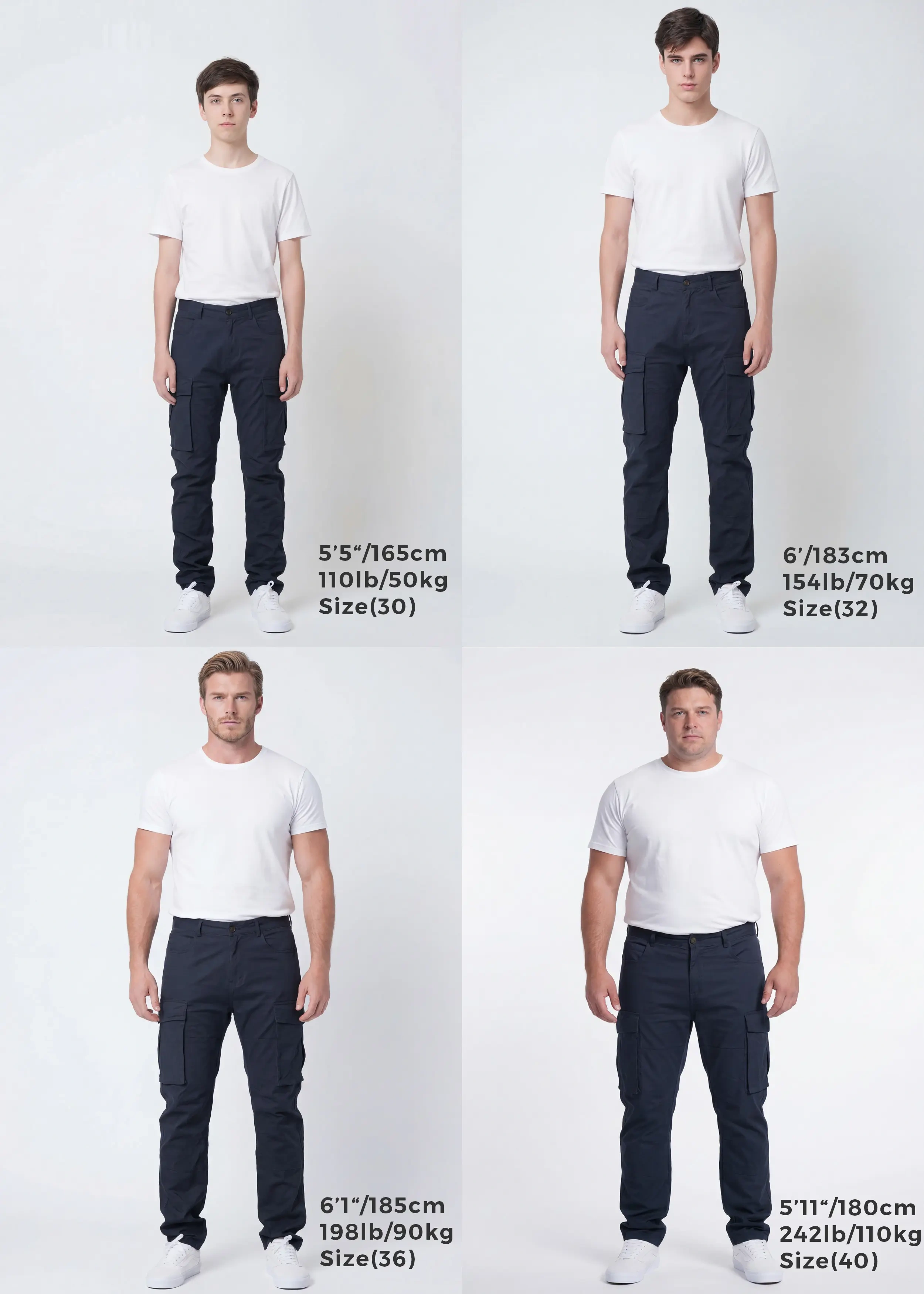  Size guide for ItalyMorn men's dark blue cargo pants, displaying four male models of different heights and weights wearing sizes 30, 32, 36, and 40 to clearly illustrate the accurate fit across various body types