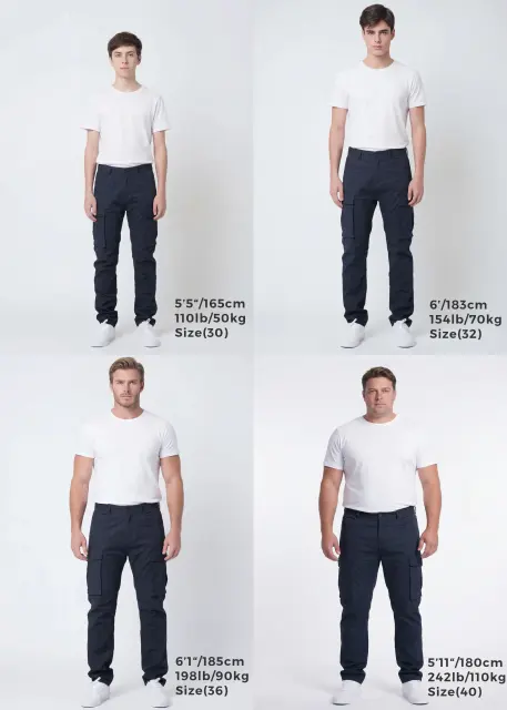  Size guide for ItalyMorn men's dark blue cargo pants, displaying four male models of different heights and weights wearing sizes 30, 32, 36, and 40 to clearly illustrate the accurate fit across various body types