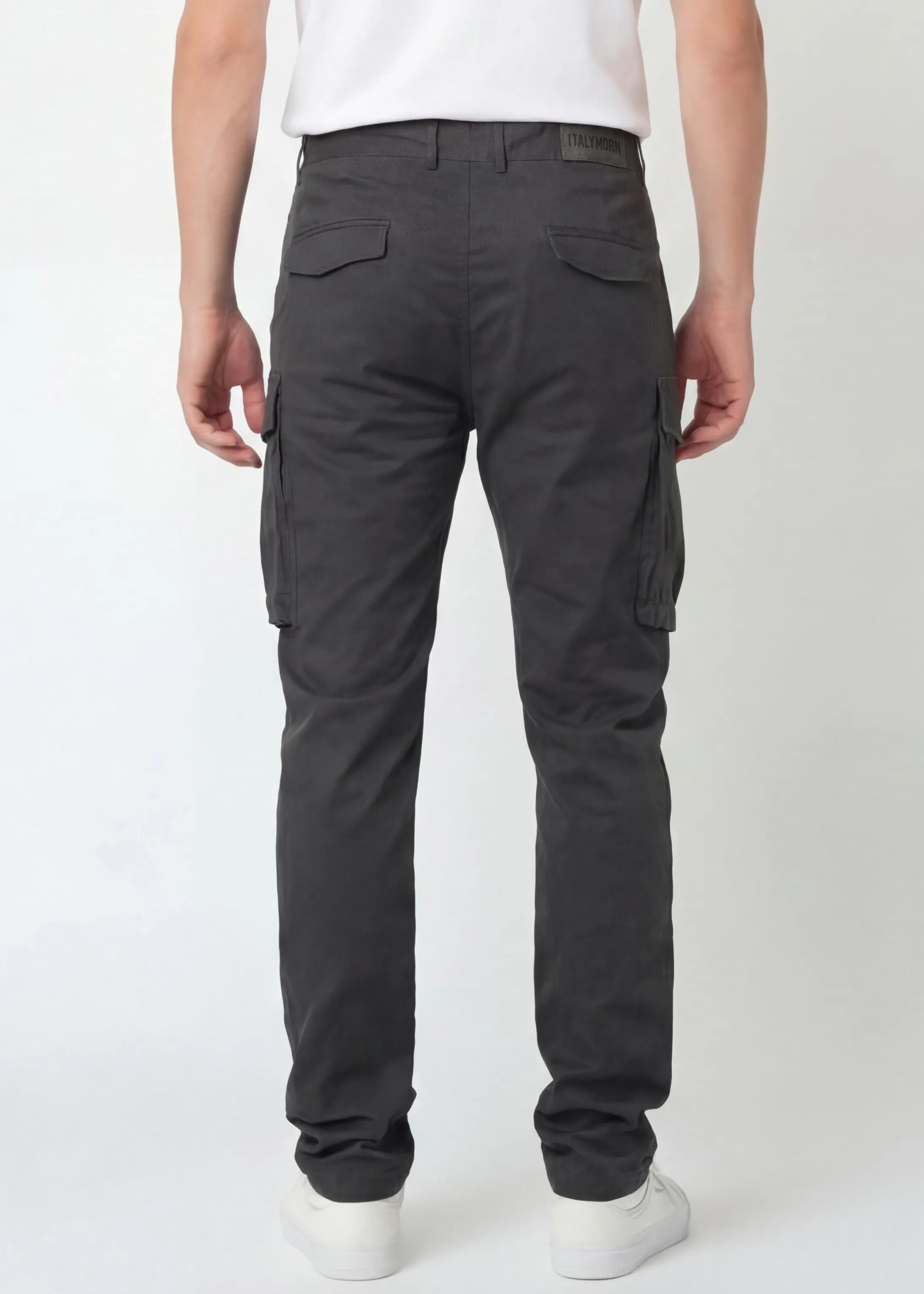 Back view of ItalyMorn men's dark grey cargo pants, showcasing the clean tailored fit, dual rear pockets with flaps, and the sleek profile of the side cargo pockets.