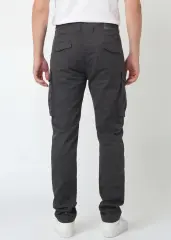 Back view of ItalyMorn men's dark grey cargo pants, showcasing the clean tailored fit, dual rear pockets with flaps, and the sleek profile of the side cargo pockets.