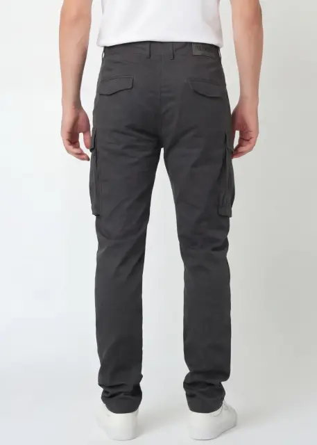Back view of ItalyMorn men's dark grey cargo pants, showcasing the clean tailored fit, dual rear pockets with flaps, and the sleek profile of the side cargo pockets.