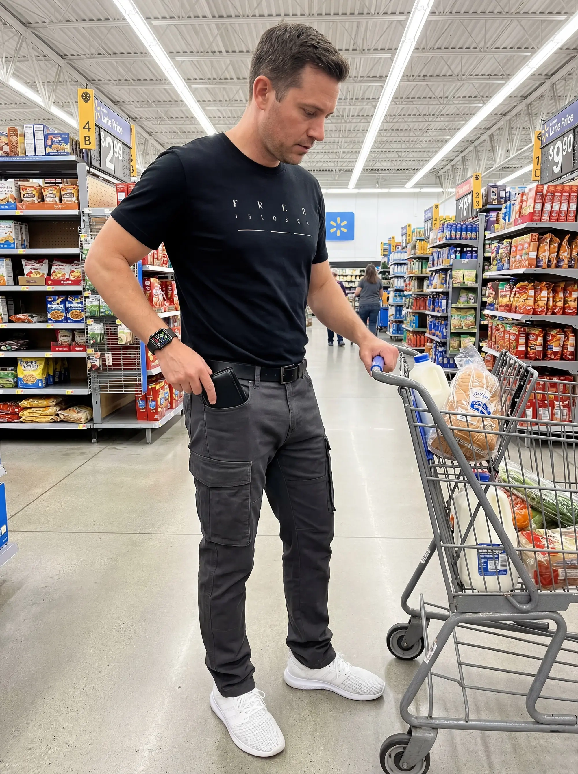 A man grocery shopping with a cart, conveniently putting his wallet into the front pocket of his ItalyMorn men's dark grey cargo pants, highlighting practical utility and comfort for everyday errands.