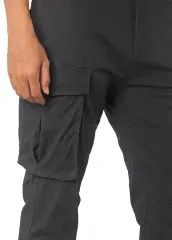 Close-up detail of ItalyMorn men's dark grey cargo pants, highlighting the durable fabric texture, reinforced stitching, and the secure flap closure of the spacious side cargo pocket.

