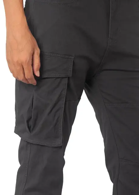Close-up detail of ItalyMorn men's dark grey cargo pants, highlighting the durable fabric texture, reinforced stitching, and the secure flap closure of the spacious side cargo pocket.

