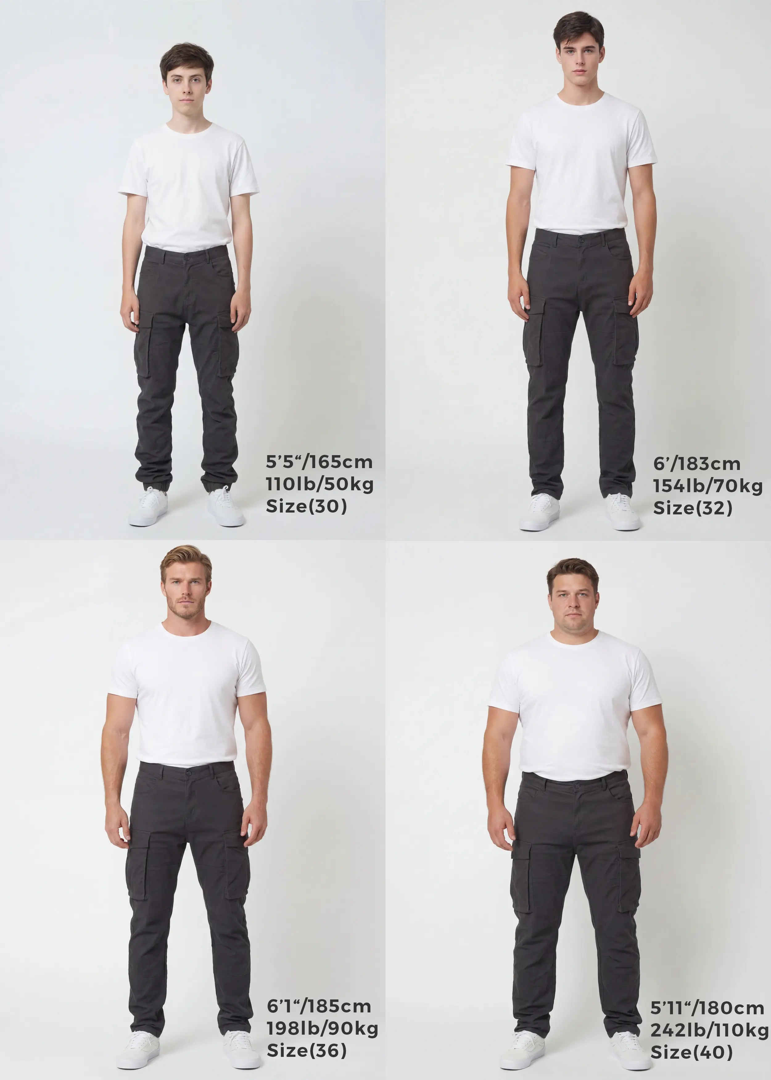 Size guide for ItalyMorn men's dark grey cargo pants, displaying four male models of different heights and weights wearing sizes 30, 32, 36, and 40 to clearly illustrate the accurate fit across various body types.