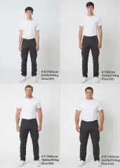 Size guide for ItalyMorn men's dark grey cargo pants, displaying four male models of different heights and weights wearing sizes 30, 32, 36, and 40 to clearly illustrate the accurate fit across various body types.