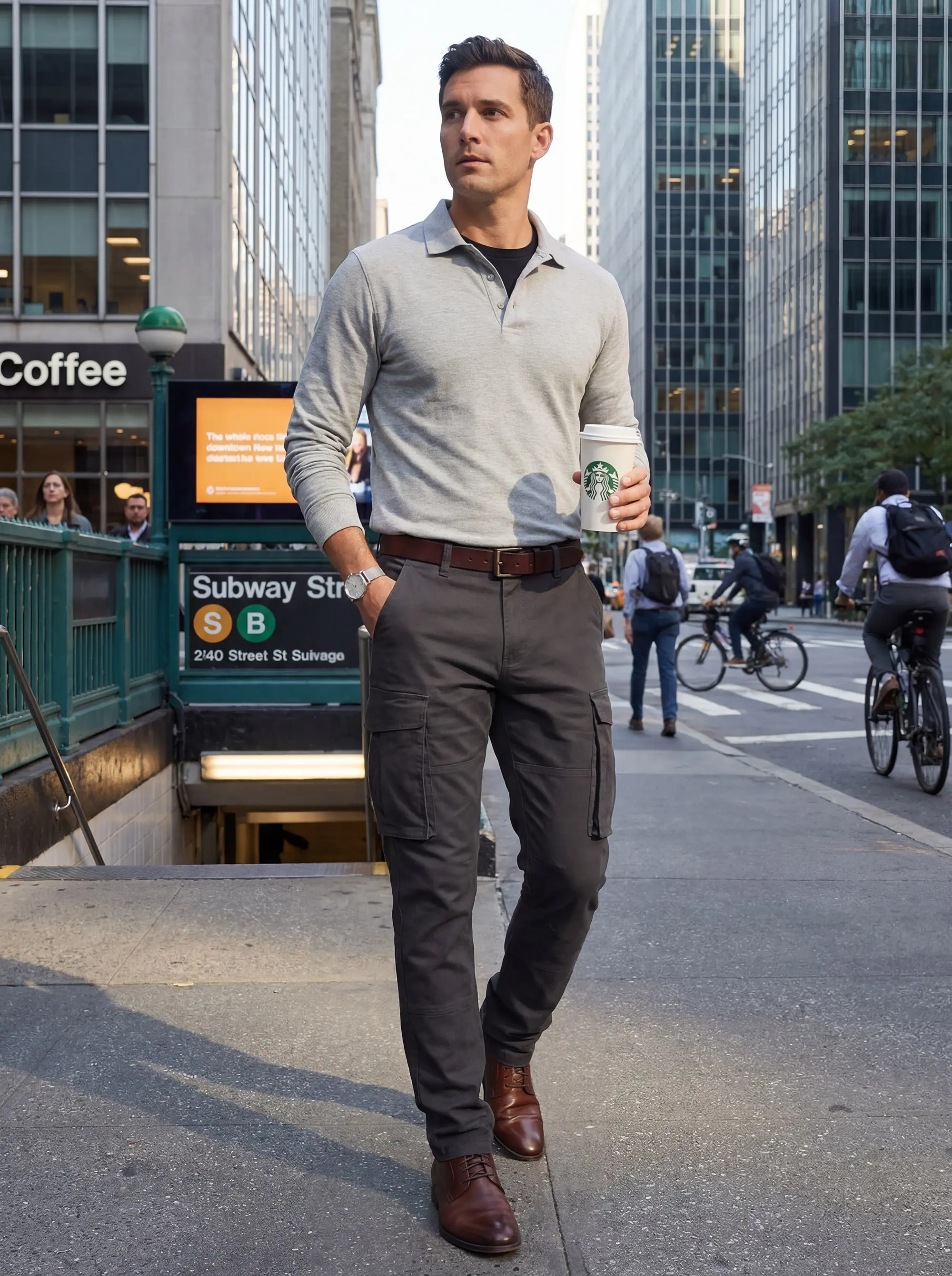 A stylish man walking past a subway station holding a coffee, wearing a grey polo, brown leather shoes, and ItalyMorn men's dark grey cargo pants, demonstrating a sharp, smart-casual city commute look.