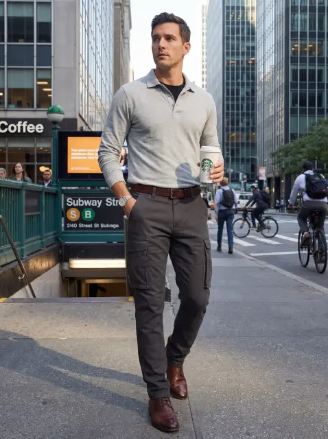 A stylish man walking past a subway station holding a coffee, wearing a grey polo, brown leather shoes, and ItalyMorn men's dark grey cargo pants, demonstrating a sharp, smart-casual city commute look.