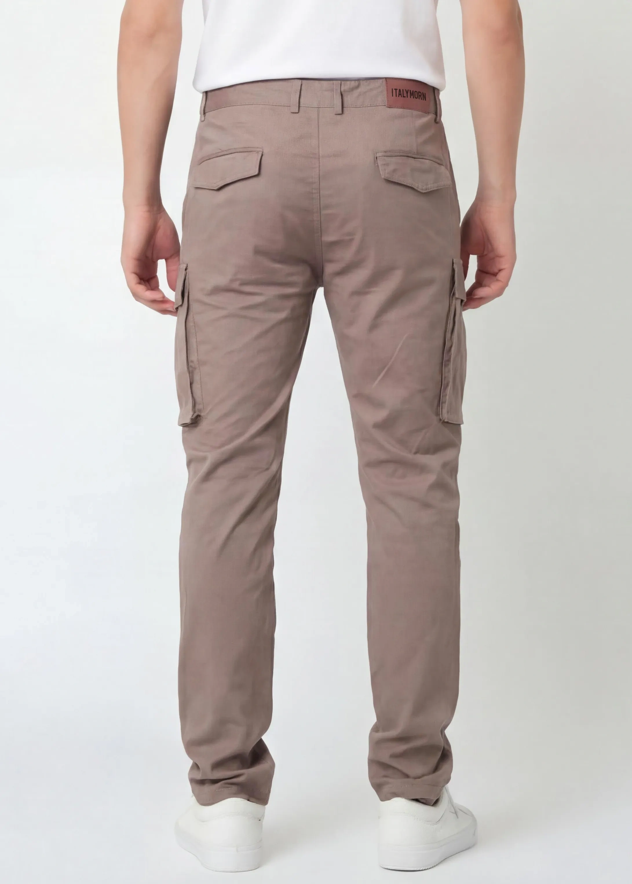 Back view of ItalyMorn men's dark khaki cargo pants, showcasing the clean tailored seat, rear pockets, and the sleek profile of the side cargo pockets