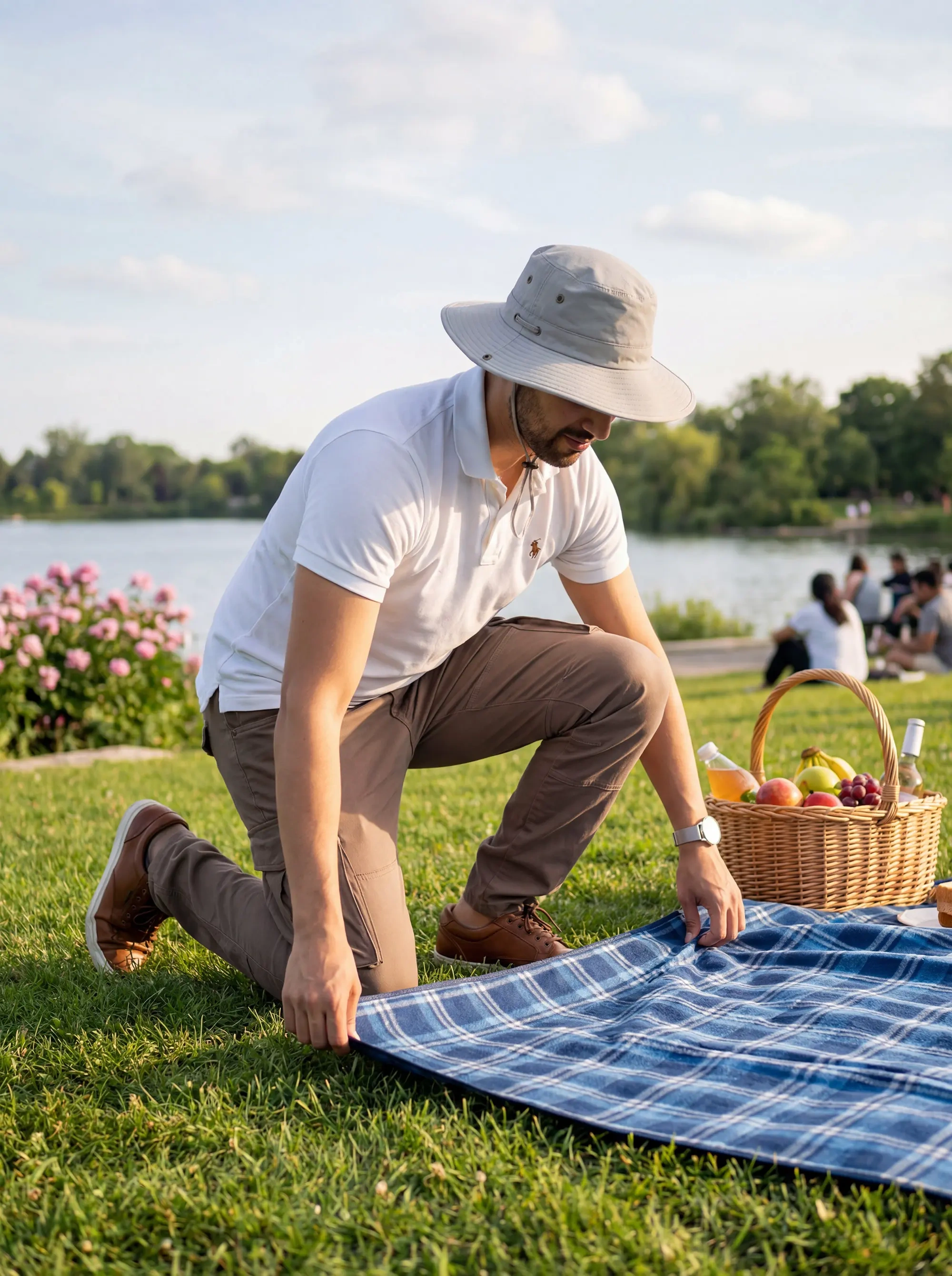 A man kneeling to lay out a picnic blanket in a sunny park, wearing a white polo, bucket hat, and ItalyMorn men's dark khaki cargo pants. This demonstrates the pants' flexibility and comfort for relaxed weekend leisure.