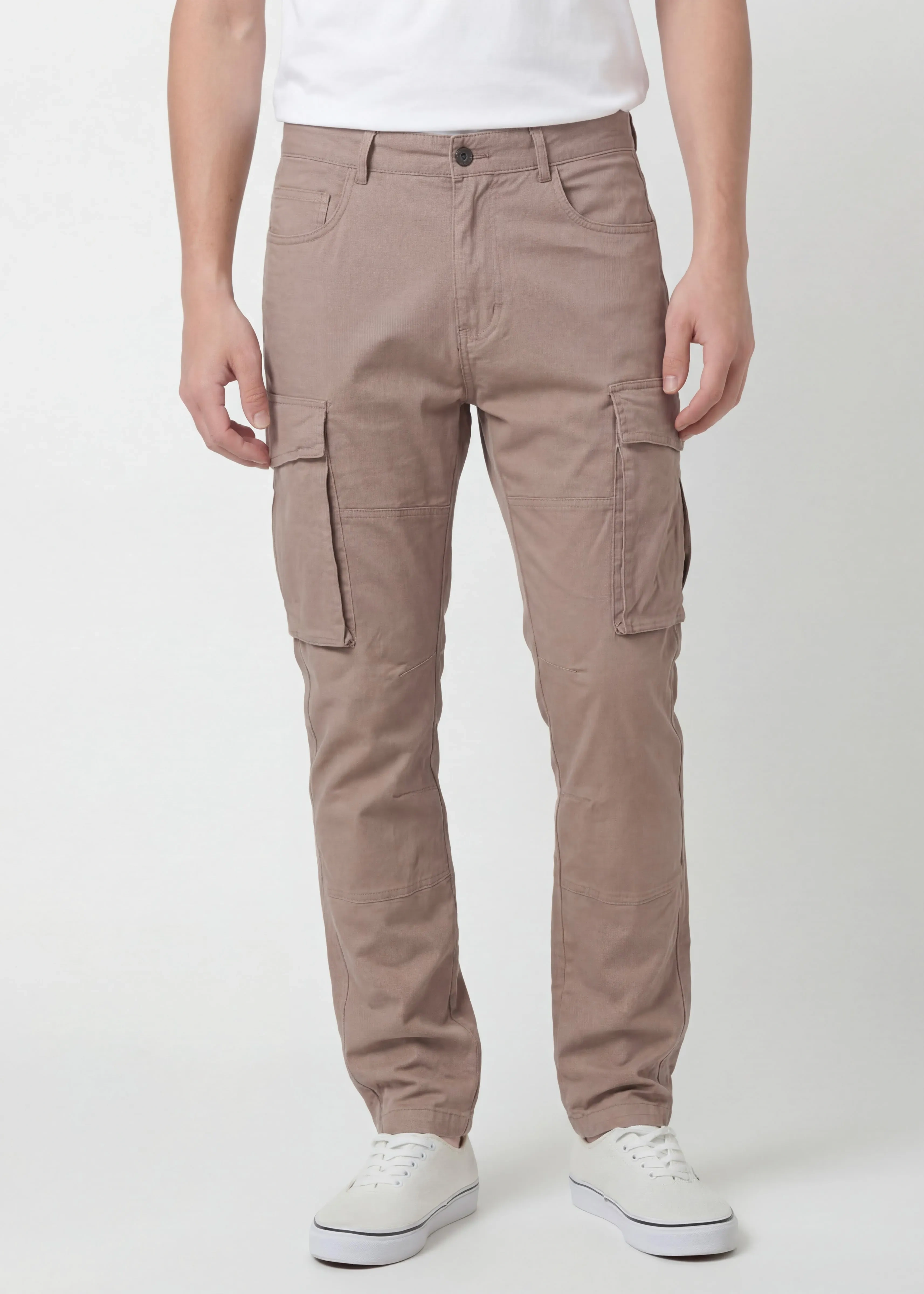 Front view of ItalyMorn men's dark khaki cargo pants on a model, featuring a classic straight-leg fit, functional side cargo pockets, and paired with white sneakers for a versatile everyday look.