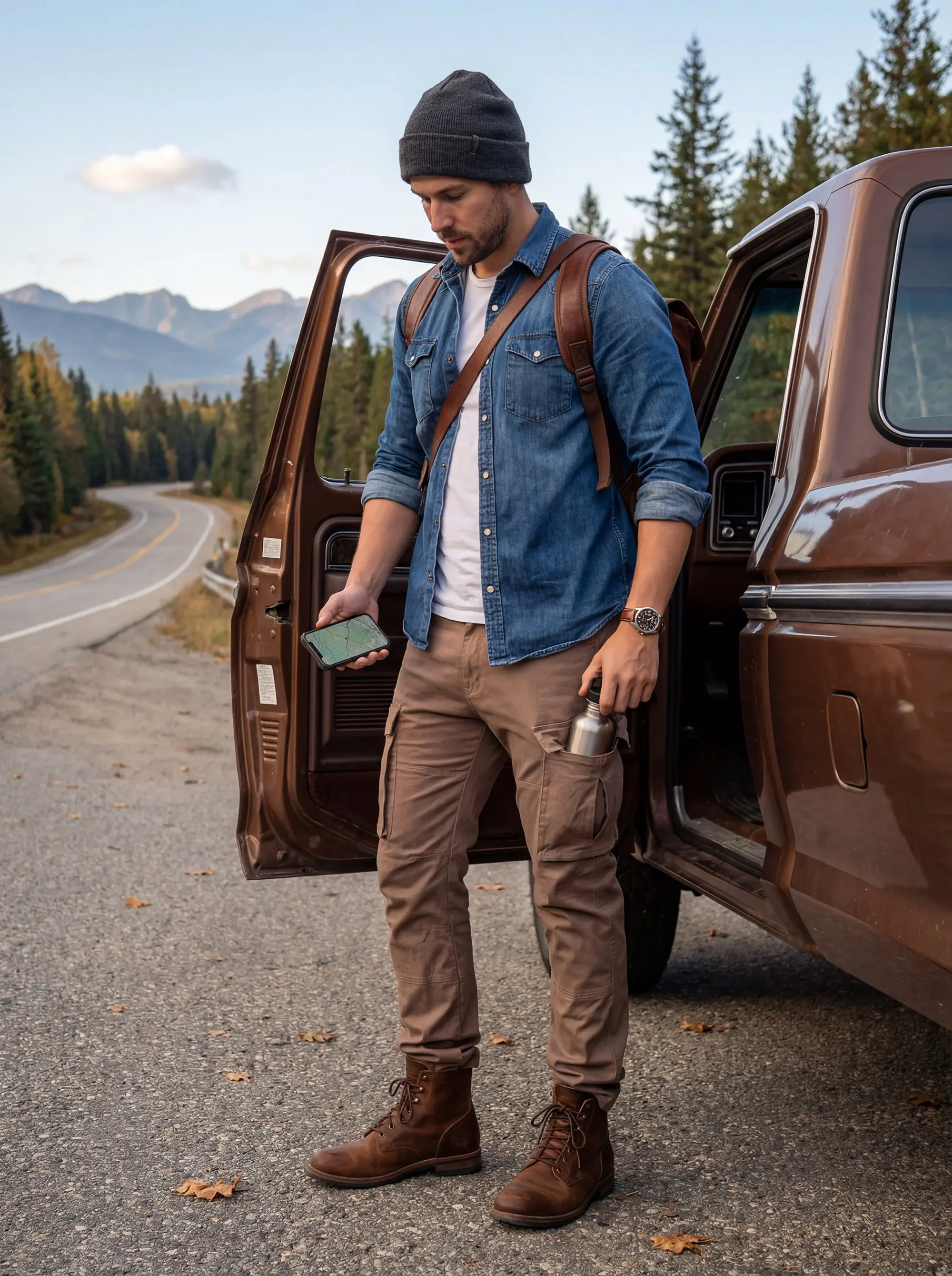 A man standing by a vintage truck on a scenic mountain road, placing a steel water bottle into the side cargo pocket of his ItalyMorn men's dark khaki cargo pants, highlighting convenience for outdoor travel and road trips.