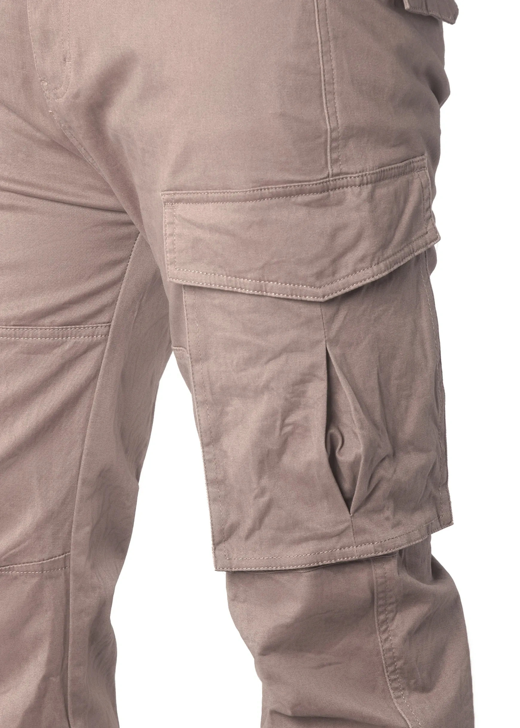 Close-up detail of ItalyMorn men's dark khaki cargo pants, highlighting the durable fabric texture, reinforced double stitching, and the secure flap closure of the spacious side cargo pocket.
