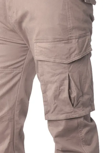Close-up detail of ItalyMorn men's dark khaki cargo pants, highlighting the durable fabric texture, reinforced double stitching, and the secure flap closure of the spacious side cargo pocket.
