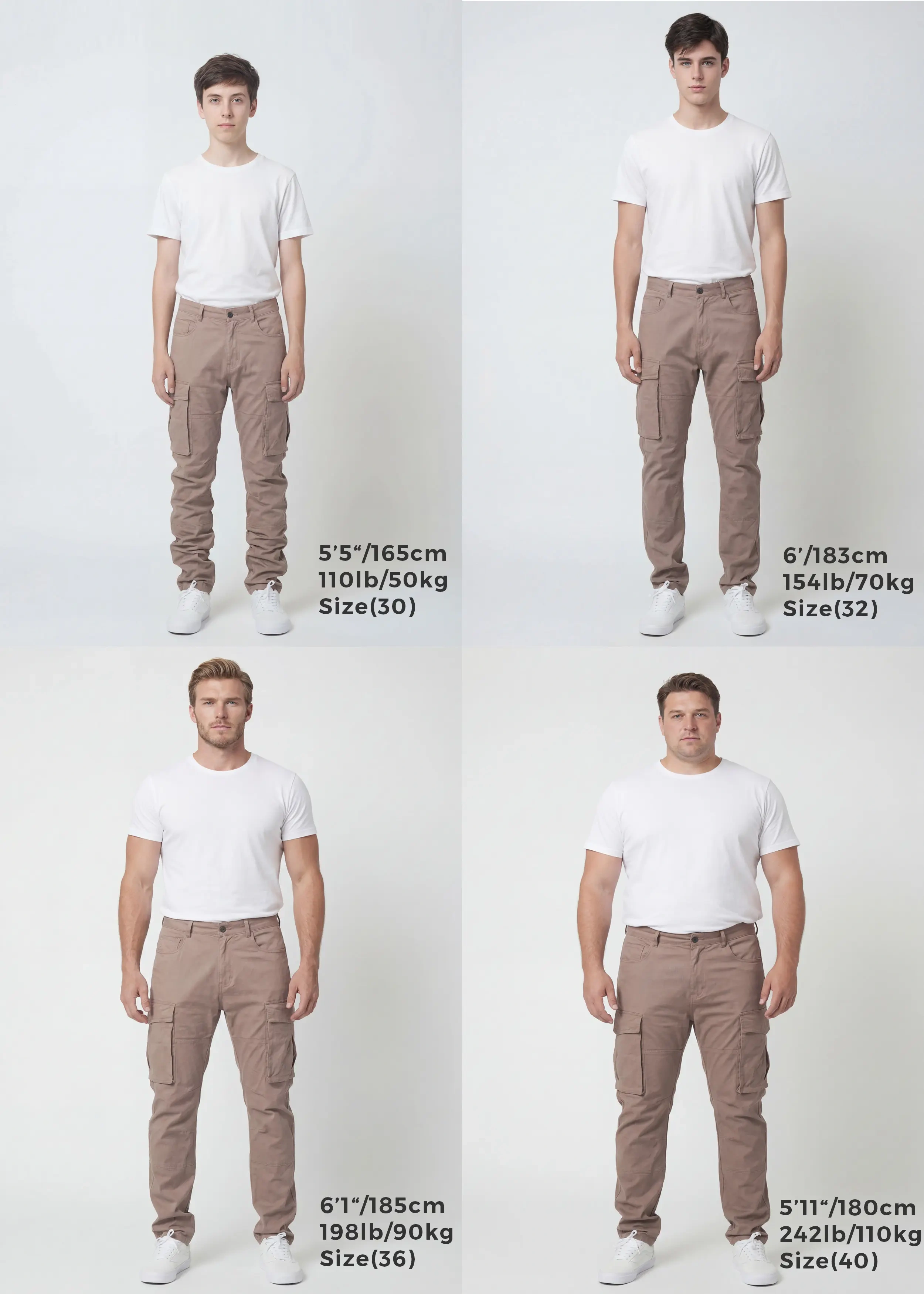 Size guide for ItalyMorn men's dark khaki cargo pants, displaying four male models of different heights and weights wearing sizes 30, 32, 36, and 40 to clearly illustrate the accurate fit across various body types.