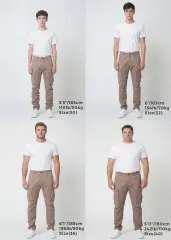 Size guide for ItalyMorn men's dark khaki cargo pants, displaying four male models of different heights and weights wearing sizes 30, 32, 36, and 40 to clearly illustrate the accurate fit across various body types.
