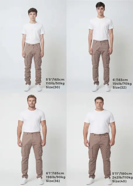 Size guide for ItalyMorn men's dark khaki cargo pants, displaying four male models of different heights and weights wearing sizes 30, 32, 36, and 40 to clearly illustrate the accurate fit across various body types.