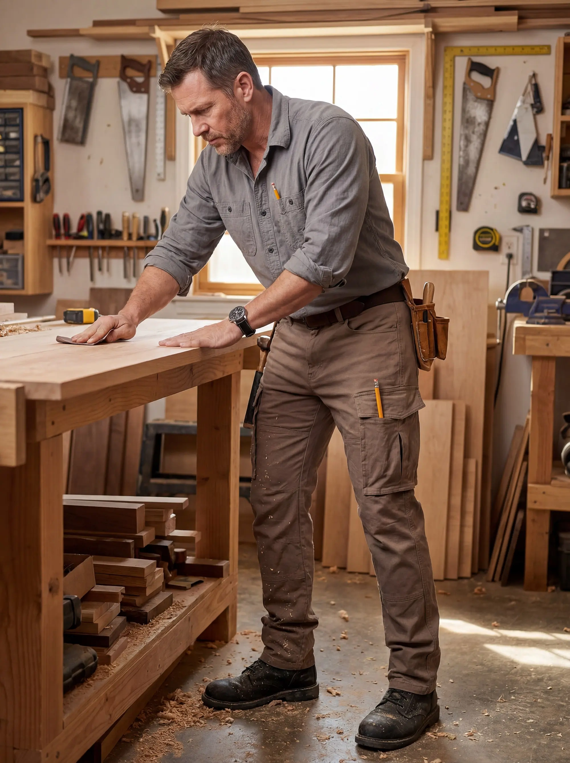 A man sanding wood at a workbench in a carpentry shop, wearing a grey shirt and ItalyMorn men's dark khaki cargo pants with pencils tucked into the pocket, showcasing rugged durability and practical workwear utility.