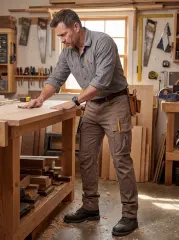 A man sanding wood at a workbench in a carpentry shop, wearing a grey shirt and ItalyMorn men's dark khaki cargo pants with pencils tucked into the pocket, showcasing rugged durability and practical workwear utility.