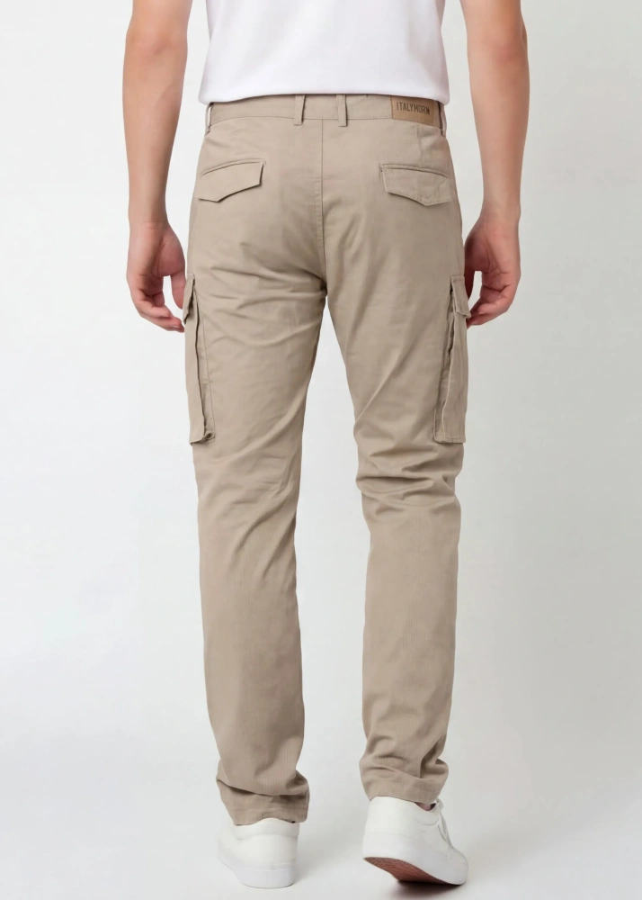 Back view of ItalyMorn men's khaki cargo pants, showcasing the clean tailored seat, dual rear pockets with flaps, and the sleek profile of the side cargo pockets.