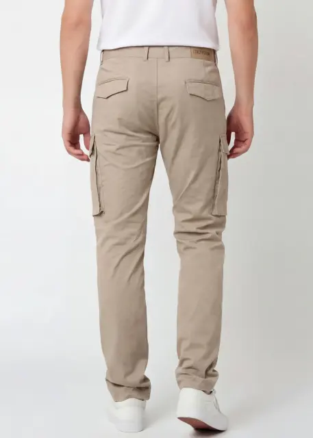 Back view of ItalyMorn men's khaki cargo pants, showcasing the clean tailored seat, dual rear pockets with flaps, and the sleek profile of the side cargo pockets.