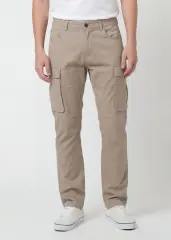 Front view of ItalyMorn men's khaki cargo pants on a model, featuring a classic straight-leg fit, practical side cargo pockets, and paired with white sneakers for a casual everyday look.