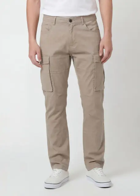 Front view of ItalyMorn men's khaki cargo pants on a model, featuring a classic straight-leg fit, practical side cargo pockets, and paired with white sneakers for a casual everyday look.