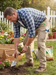 A man gardening in his backyard, conveniently storing seed packets and tools in the side pockets of his ItalyMorn men's khaki cargo pants, demonstrating practical utility for outdoor yard work.
