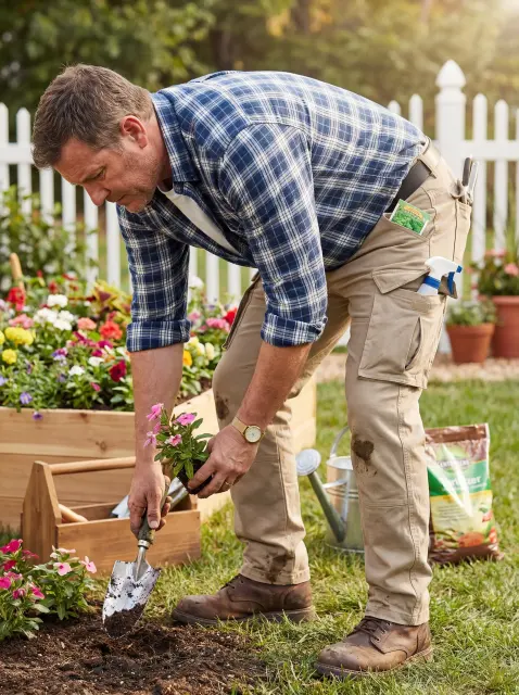 A man gardening in his backyard, conveniently storing seed packets and tools in the side pockets of his ItalyMorn men's khaki cargo pants, demonstrating practical utility for outdoor yard work.

