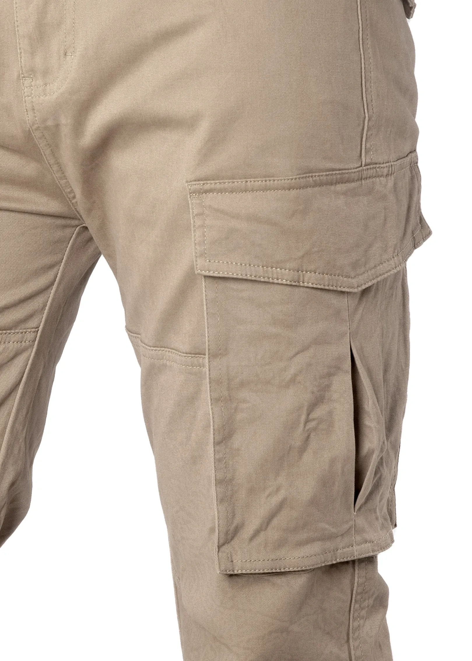 Close-up detail of ItalyMorn men's khaki cargo pants, highlighting the durable fabric texture, reinforced stitching, and the secure flap closure of the spacious side cargo pocket.