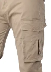 Close-up detail of ItalyMorn men's khaki cargo pants, highlighting the durable fabric texture, reinforced stitching, and the secure flap closure of the spacious side cargo pocket.