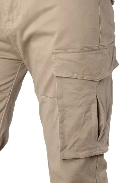 Close-up detail of ItalyMorn men's khaki cargo pants, highlighting the durable fabric texture, reinforced stitching, and the secure flap closure of the spacious side cargo pocket.