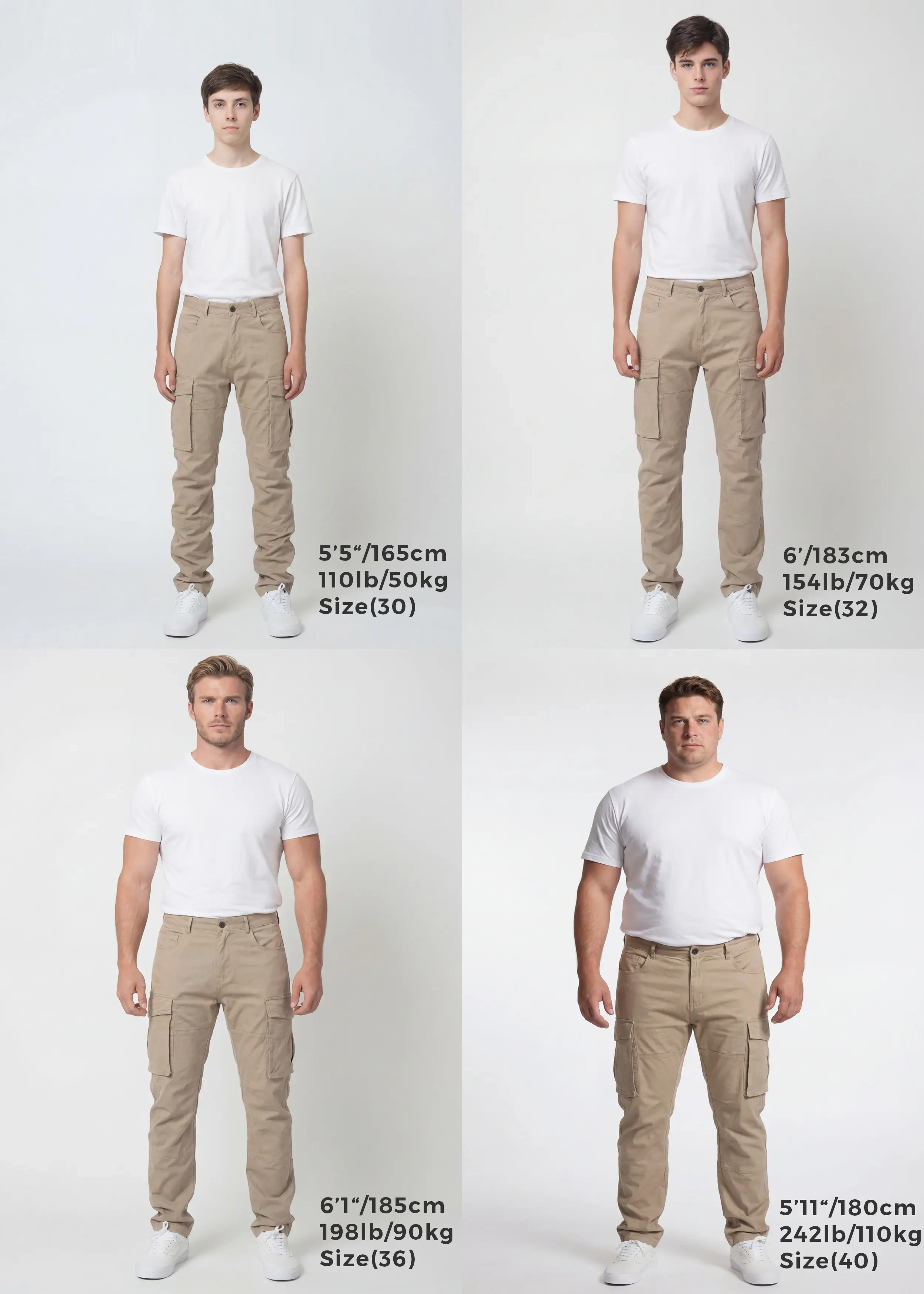Size guide for ItalyMorn men's khaki cargo pants, displaying four male models of different heights and weights wearing sizes 30, 32, 36, and 40 to clearly illustrate the accurate fit across various body types.
