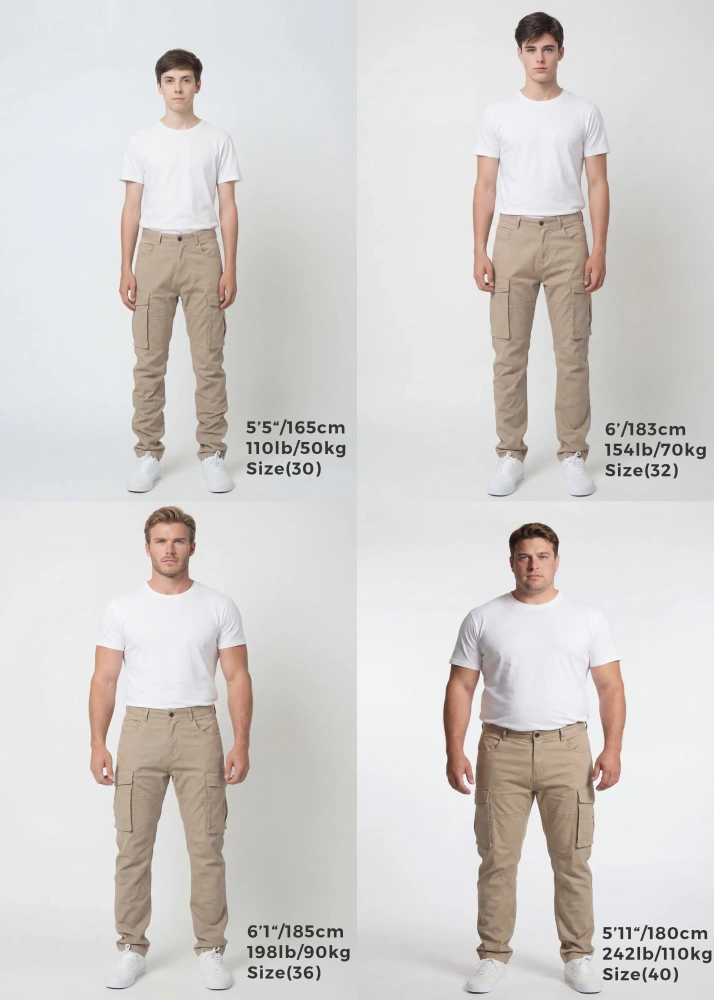 Size guide for ItalyMorn men's khaki cargo pants, displaying four male models of different heights and weights wearing sizes 30, 32, 36, and 40 to clearly illustrate the accurate fit across various body types.