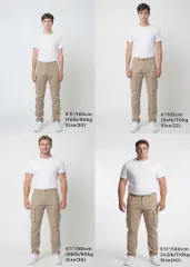 Size guide for ItalyMorn men's khaki cargo pants, displaying four male models of different heights and weights wearing sizes 30, 32, 36, and 40 to clearly illustrate the accurate fit across various body types.
