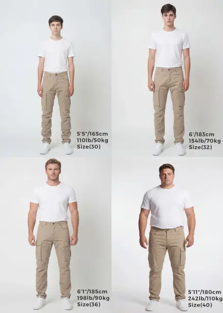 Size guide for ItalyMorn men's khaki cargo pants, displaying four male models of different heights and weights wearing sizes 30, 32, 36, and 40 to clearly illustrate the accurate fit across various body types.