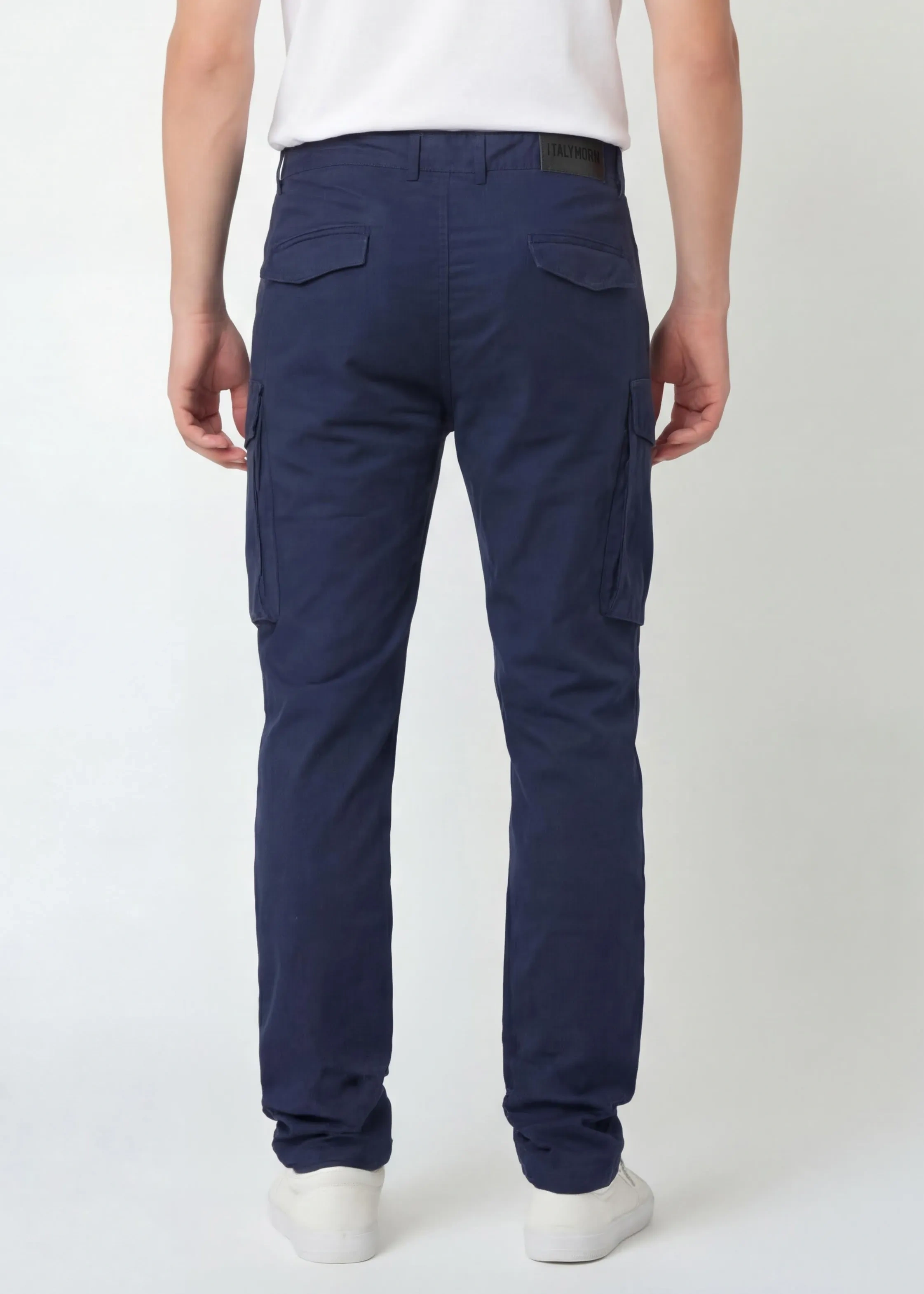Back view of ItalyMorn men's navy blue cargo pants, showcasing the clean tailored seat, dual rear pockets, and the sleek profile of the side cargo pockets.