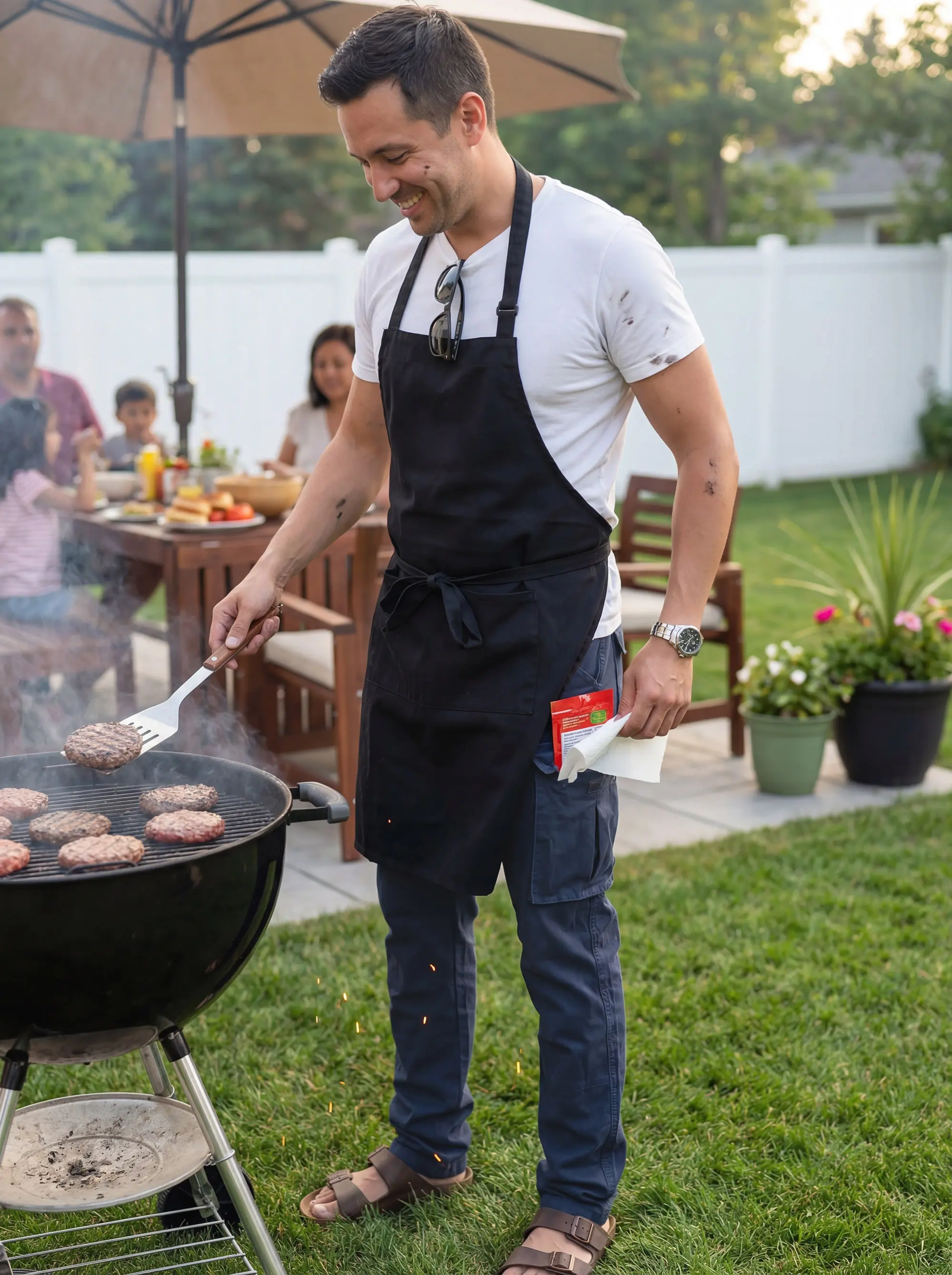 A smiling man grilling burgers at a backyard family BBQ, wearing an apron, white t-shirt, and ItalyMorn men's navy blue cargo pants. This showcases a relaxed and comfortable outfit for casual weekend gatherings.