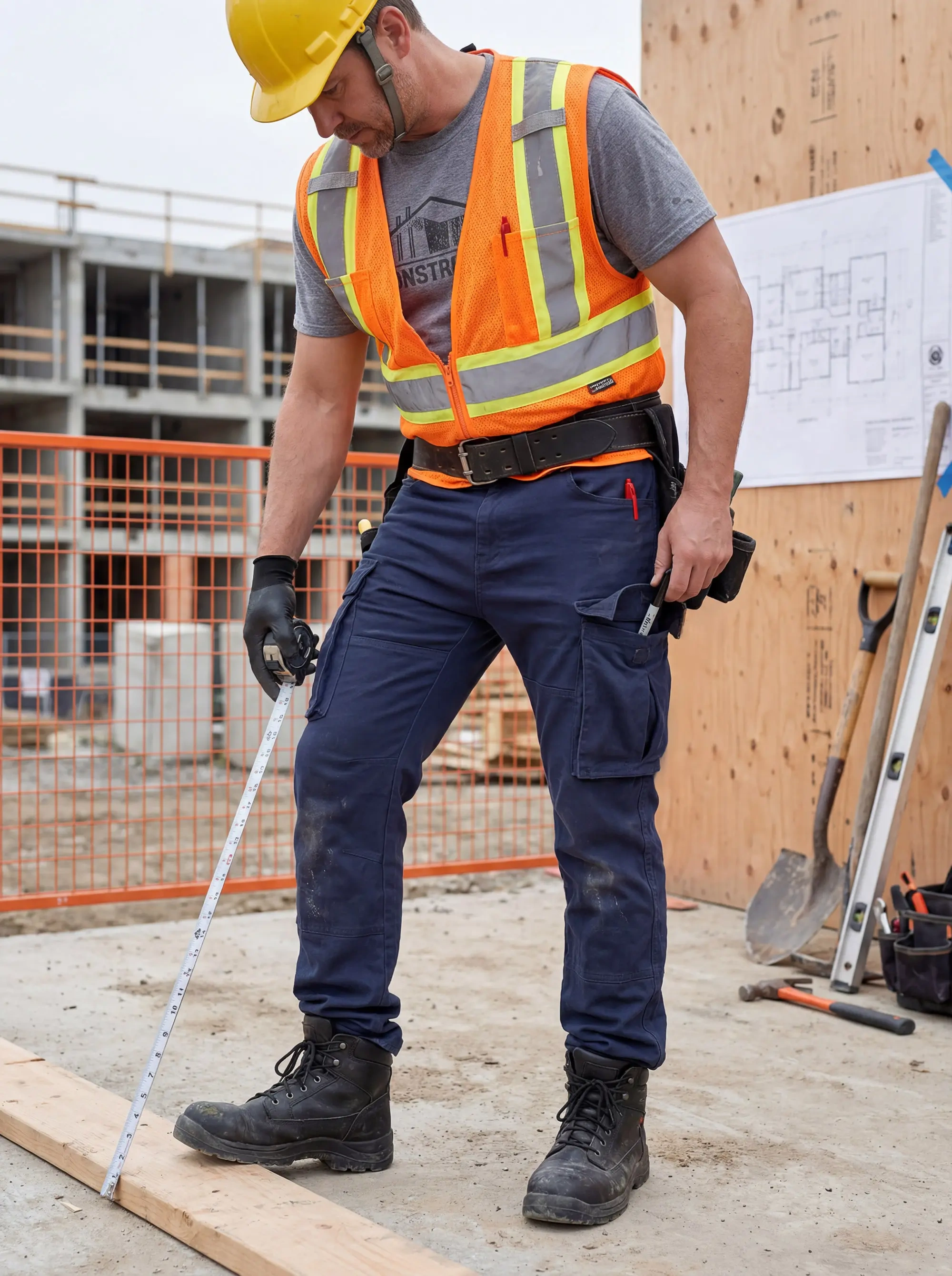 A construction worker in a hard hat and safety vest measuring wood on a job site. He wears ItalyMorn men's navy blue cargo pants with a pen tucked in the pocket, demonstrating heavy-duty durability and practical workwear utility for professionals.