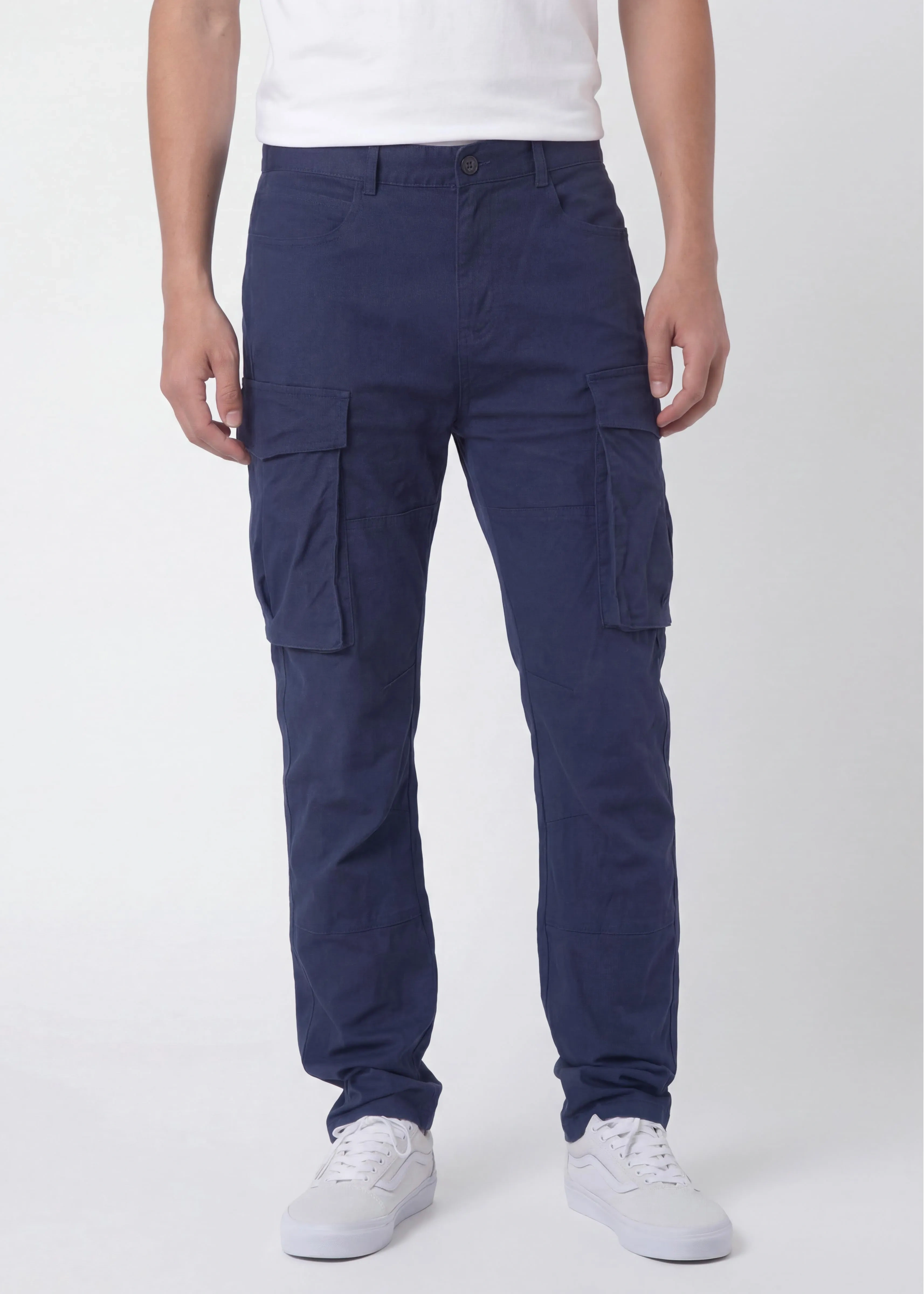 Front view of ItalyMorn men's navy blue cargo pants on a model, featuring a classic straight-leg fit, functional side cargo pockets, and paired with white sneakers for a versatile everyday look.