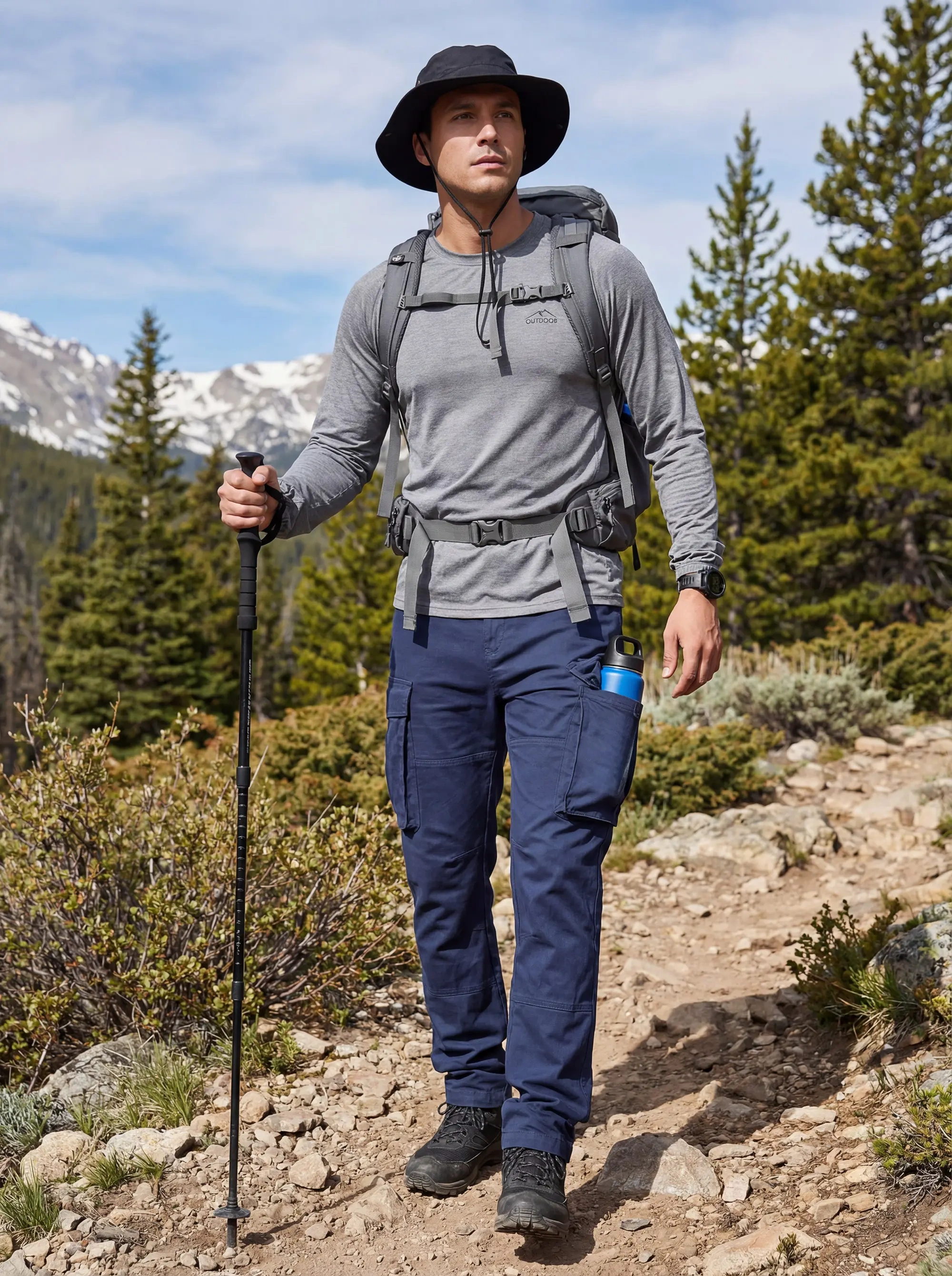A man hiking on a rocky mountain trail wearing a backpack and bucket hat. He uses the deep side pocket of his ItalyMorn men's navy blue cargo pants to hold a water bottle, highlighting rugged outdoor utility and convenience.