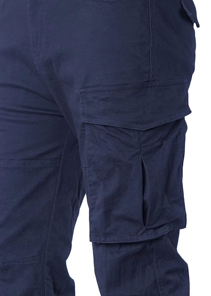 Close-up detail of ItalyMorn men's navy blue cargo pants, highlighting the durable fabric texture, reinforced stitching, and the secure flap closure of the spacious side cargo pocket.