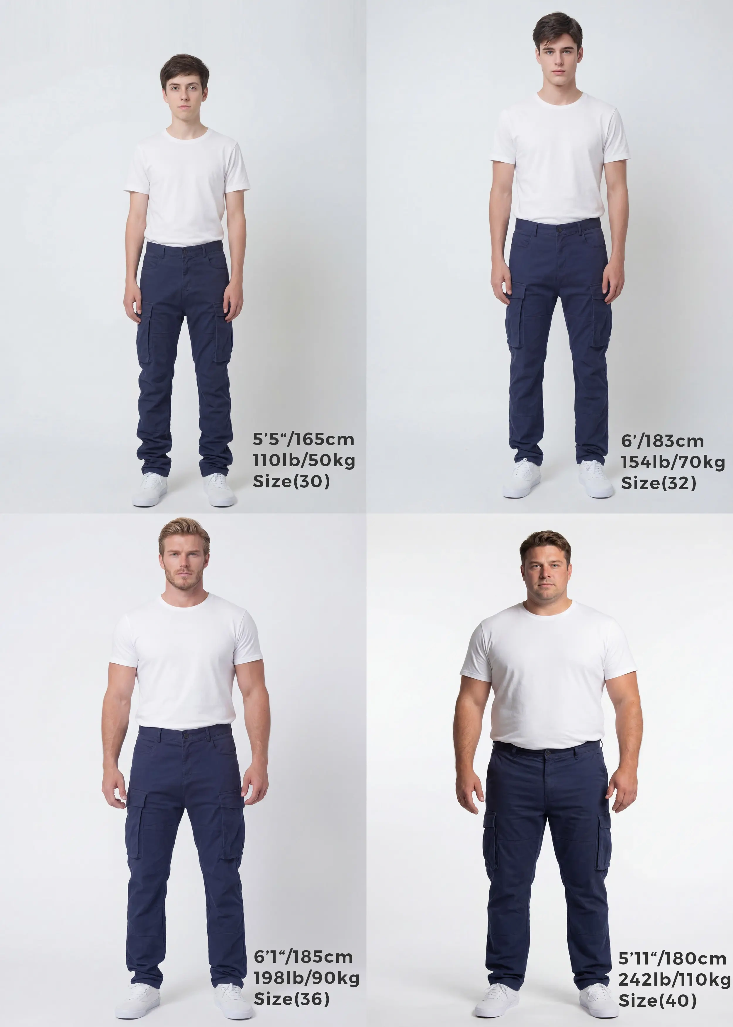 Size guide for ItalyMorn men's navy blue cargo pants, displaying four male models of different heights and weights wearing sizes 30, 32, 36, and 40 to clearly illustrate the accurate fit across various body types.