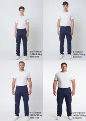 Size guide for ItalyMorn men's navy blue cargo pants, displaying four male models of different heights and weights wearing sizes 30, 32, 36, and 40 to clearly illustrate the accurate fit across various body types.
