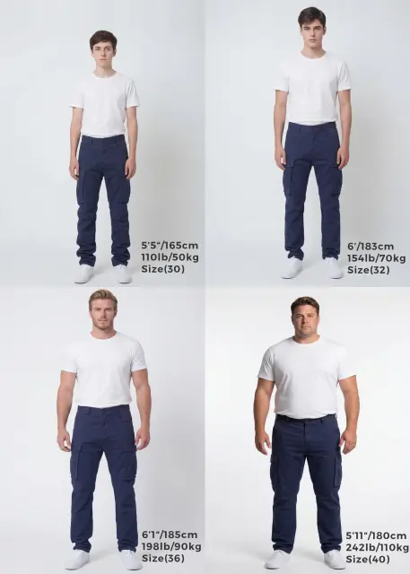 Size guide for ItalyMorn men's navy blue cargo pants, displaying four male models of different heights and weights wearing sizes 30, 32, 36, and 40 to clearly illustrate the accurate fit across various body types.