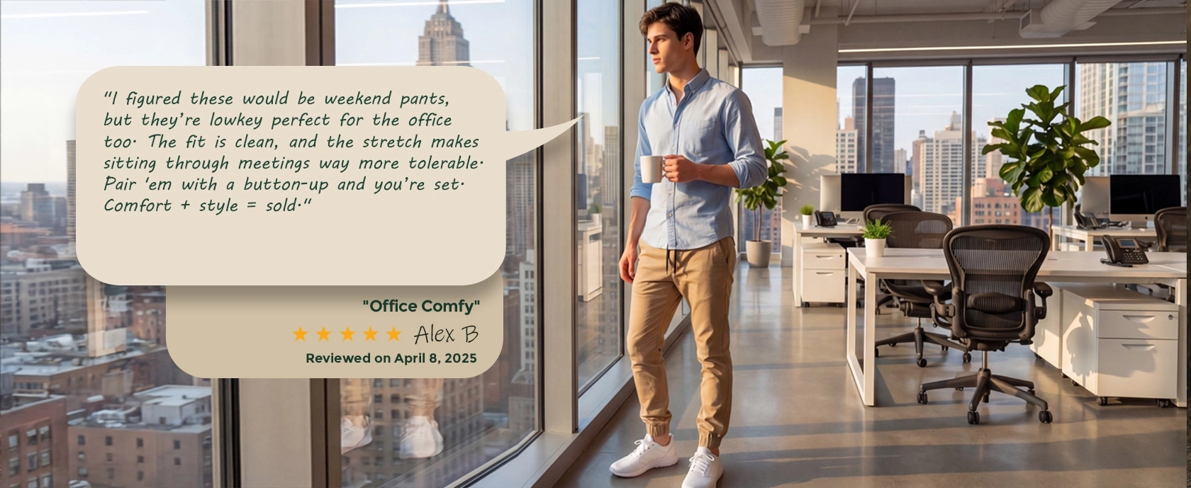 A man standing in a modern high-rise office wearing ItalyMorn khaki joggers paired with a button-up shirt. A customer review overlay highlights the clean fit and comfort, making them perfect for office meetings.