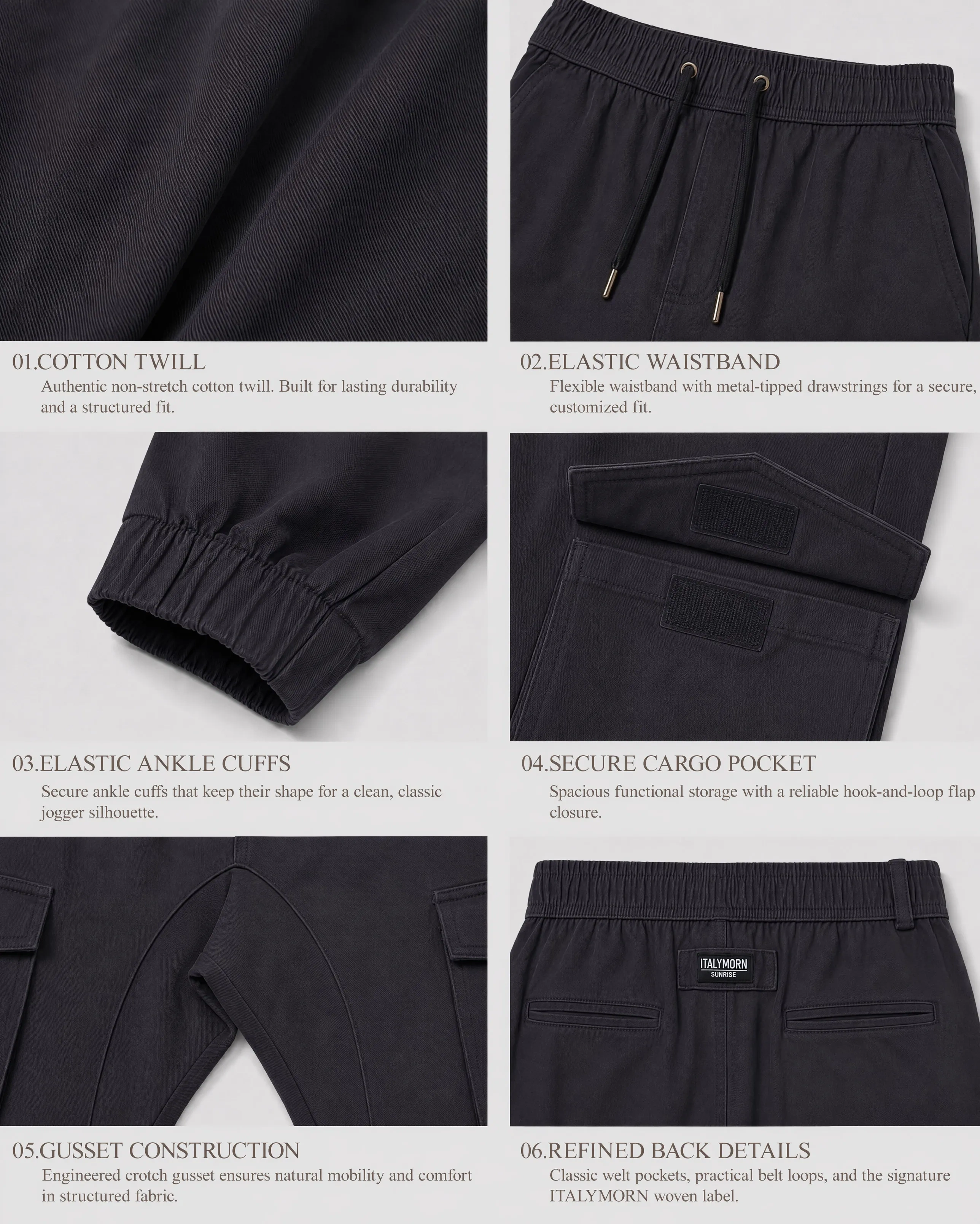A collage of six close-up details of black cargo joggers, highlighting the 100% cotton non-stretch twill fabric, elastic waistband with metal-tipped drawstrings, ankle cuffs, secure hook-and-loop cargo pockets, crotch gusset construction, and refined back pockets.